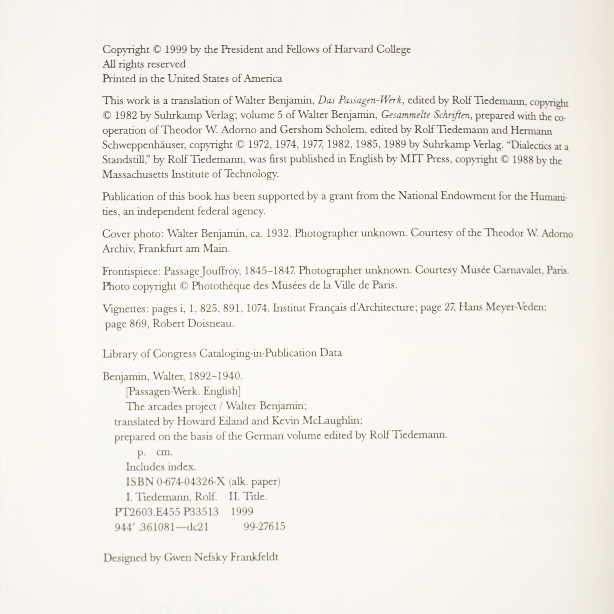 The Arcades Project / Walter Benjamin / First Edition Hardcover ...